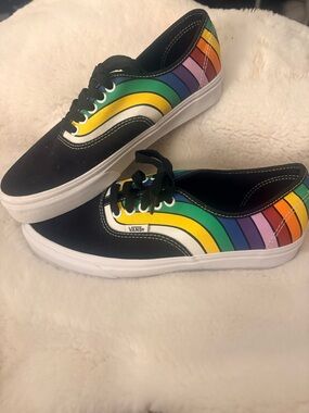 Vans Black Low-Top Sneakers with Rainbow Stripe Accent